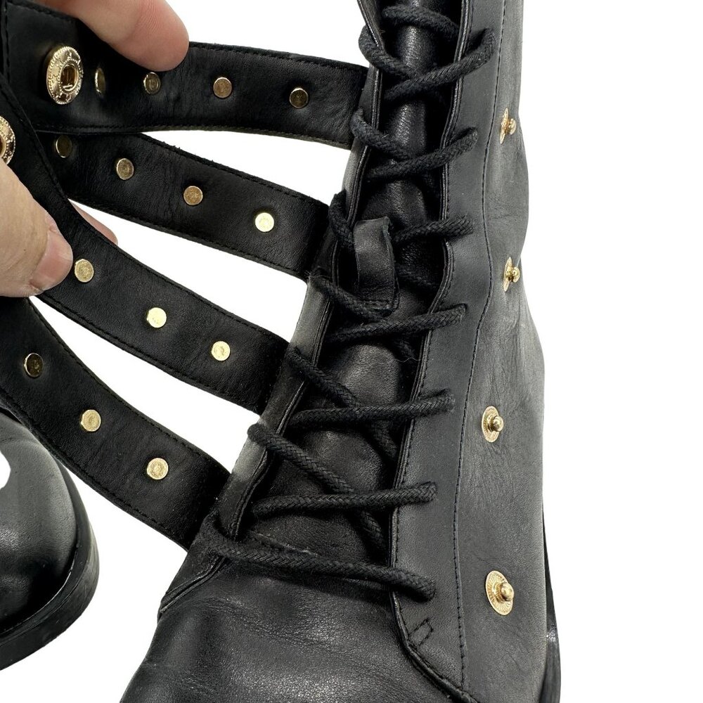 ZARA Leather Combat Biker Boots 39 8 Moto Pearl Strap Black Grunge Mall Goth - Picture 9 of 12
